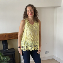 Load image into Gallery viewer, Jessica Sunny Yellow Pom Pom Crochet Vest Top with Lace Trim | UK 12–18