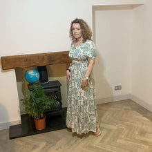 Load image into Gallery viewer, Elizabeth Khaki green Print Dress | Puff Sleeve & Stretchy Panel UK 10–14