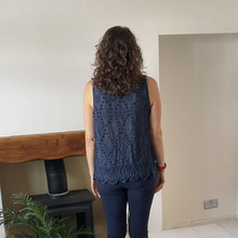 Load image into Gallery viewer, Jessica Sunny Navy Pom Pom Crochet Vest Top with Lace Trim | UK 12–18