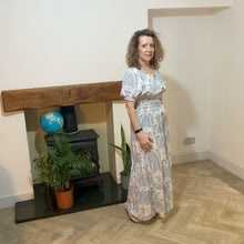 Load image into Gallery viewer, Elizabeth Light blue Print Dress | Puff Sleeve & Stretchy Panel UK 10–14