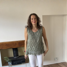 Load image into Gallery viewer, Jessica Sunny Khaki Green Pom Pom Crochet Vest Top with Lace Trim | UK 12–18