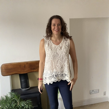 Load image into Gallery viewer, Jessica Sunny Cream Pom Pom Crochet Vest Top with Lace Trim | UK 12–18