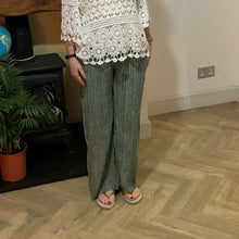 Load image into Gallery viewer, Mary Green Stripe Wide Leg Cotton Trousers | UK 10–14