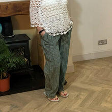 Load image into Gallery viewer, Mary Green Stripe Wide Leg Cotton Trousers | UK 10–14