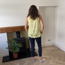 Load image into Gallery viewer, Jessica Sunny Yellow Pom Pom Crochet Vest Top with Lace Trim | UK 12–18