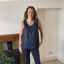 Load image into Gallery viewer, Jessica Sunny Navy Pom Pom Crochet Vest Top with Lace Trim | UK 12–18
