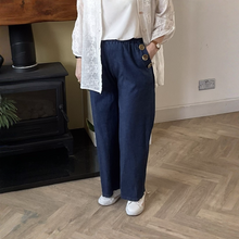 Load image into Gallery viewer, Ashley Dark Denim 3 Gold Button Trousers | Elastic Waist UK 10–14