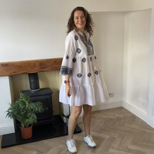 Load image into Gallery viewer, Patricia White Navy Embroidered Summer Dress | One Size UK 12–18