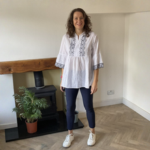 Load image into Gallery viewer, Sarah White & Navy Embroidered Peplum Tunic | One Size UK 12–16