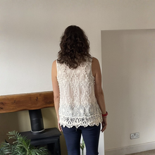 Load image into Gallery viewer, Jessica Sunny Cream Pom Pom Crochet Vest Top with Lace Trim | UK 12–18