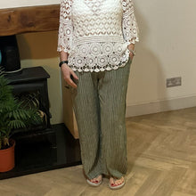 Load image into Gallery viewer, Mary Khaki green Stripe Wide Leg Cotton Trousers | UK 10–14