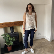 Load image into Gallery viewer, Jessica Sunny Cream Pom Pom Crochet Vest Top with Lace Trim | UK 12–18