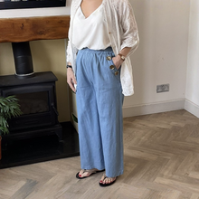 Load image into Gallery viewer, Ashley Light Denim 3 Gold Button Trousers | Elastic Waist UK 10–14