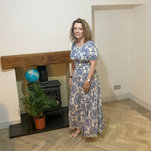 Load image into Gallery viewer, Elizabeth Light Blue Print Dress | Puff Sleeve & Stretchy Panel UK 10–14