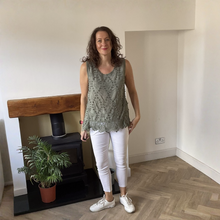 Load image into Gallery viewer, Jessica Sunny Khaki Green Pom Pom Crochet Vest Top with Lace Trim | UK 12–18