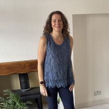 Load image into Gallery viewer, Jessica Sunny Denim Blue Pom Pom Crochet Vest Top with Lace Trim | UK 12–18