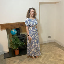 Load image into Gallery viewer, Elizabeth Royal blue Print Dress | Puff Sleeve & Stretchy Panel UK 10–14