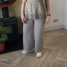 Load image into Gallery viewer, Linda Classic Beige Shirred Waistband Palazzo Trousers with Pockets | UK 10–16