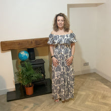 Load image into Gallery viewer, Elizabeth Navy Print Dress | Puff Sleeve & Stretchy Panel UK 10–14