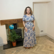 Load image into Gallery viewer, Elizabeth Light Blue Print Dress | Puff Sleeve & Stretchy Panel UK 10–14