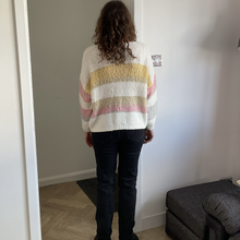 Load image into Gallery viewer, Nancy Multi Coloured V Neck Striped Jumper - White with Baby Pink/Beige | One Size (UK 14-22)
