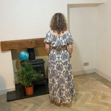 Load image into Gallery viewer, Elizabeth Navy Print Dress | Puff Sleeve & Stretchy Panel UK 10–14