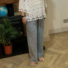 Load image into Gallery viewer, Mary White with navy Stripe Wide Leg Cotton Trousers | UK 10–14