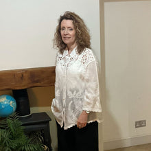 Load image into Gallery viewer, Jennifer White Embroidery Crochet Shirt | 3/4 Sleeve One Size UK 10–16