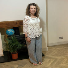 Load image into Gallery viewer, Mary Blue Stripe Wide Leg Cotton Trousers | UK 10–14