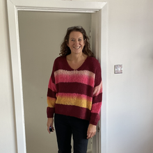 Load image into Gallery viewer, Nancy Multi Coloured V Neck Striped Jumper - Burgundy with Fuchsia/Pink | One Size (UK 14-22)