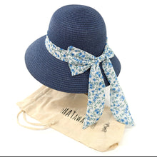 Load image into Gallery viewer, Folding Ladies Travel Sun Hat - Dark Blue Daisy Ribbon (57cm)
