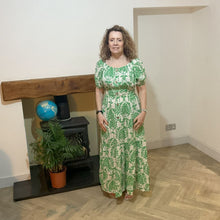 Load image into Gallery viewer, Elizabeth Apple green Print Dress | Puff Sleeve & Stretchy Panel UK 10–14