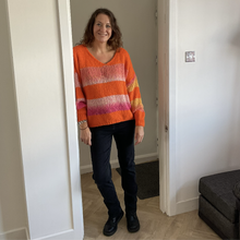 Load image into Gallery viewer, Nancy Multi Coloured V Neck Striped Jumper - Orange with Orange/Pink | One Size (UK 14-22)