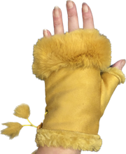 Load image into Gallery viewer, Mustard Faux Fur Trimmed Fingerless Gloves.