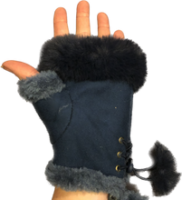 Load image into Gallery viewer, Navy blue Faux Fur Trimmed Fingerless Gloves.