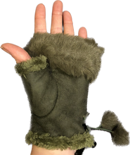Load image into Gallery viewer, Khaki Green Faux Fur Trimmed Fingerless Gloves.