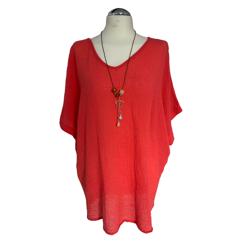 Coral Plain Crinkle cotton top for women. (A147)