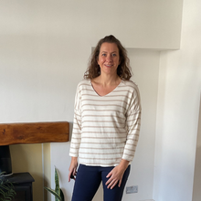Load image into Gallery viewer, Isabella Beige Striped V-Neck Top | Flattering One Size UK 12–18