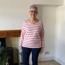 Load image into Gallery viewer, Isabella Fuchsia Striped V-Neck Top | Flattering One Size UK 12–18