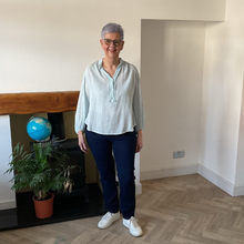 Load image into Gallery viewer, Cindy White & Light Blue Striped Granddad Shirt with Lace | One Size UK 12–18