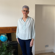 Load image into Gallery viewer, Cindy White & Light Blue Striped Granddad Shirt with Lace | One Size UK 12–18