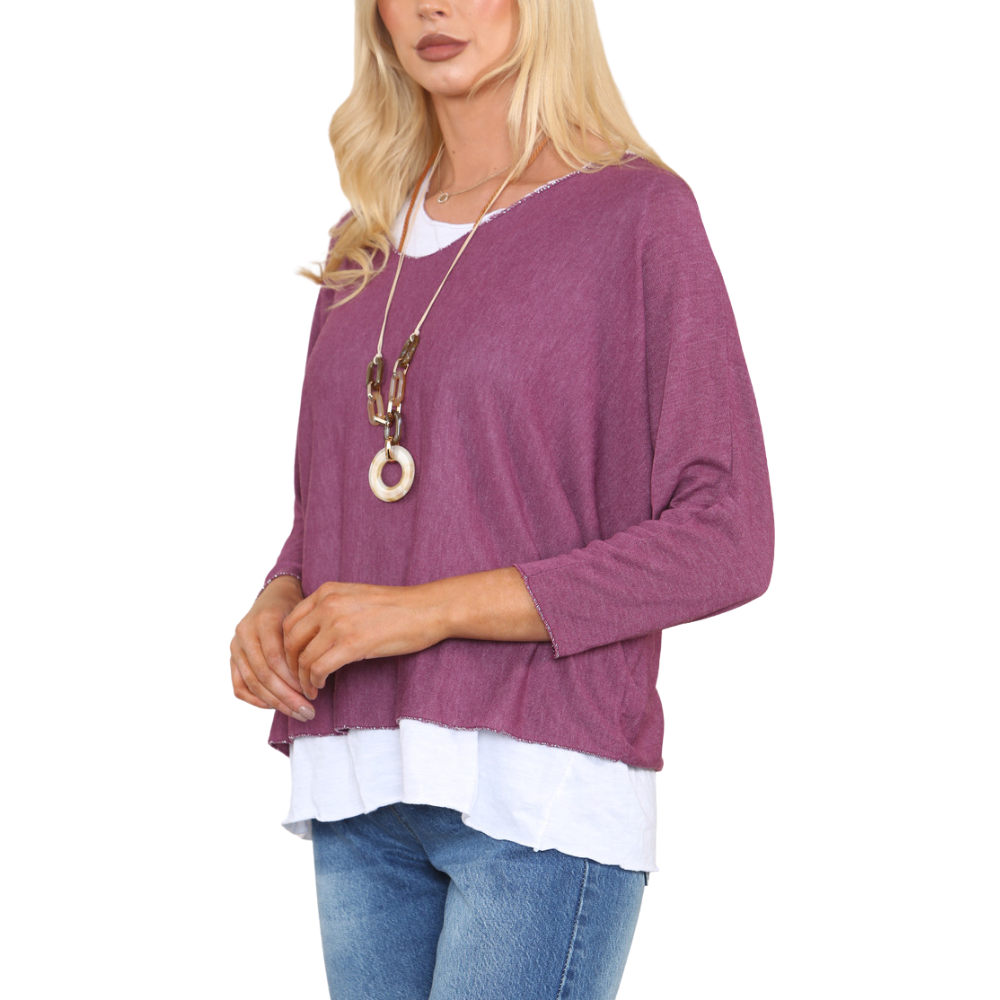 Ladies Plum 2 Piece Layer Plain Top with Necklace with 3/4 Sleeves (A91)