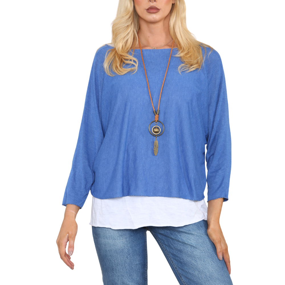 Ladies Royal Blue 2 Piece Layer Plain Top with Necklace with 3/4 Sleeves (A91)