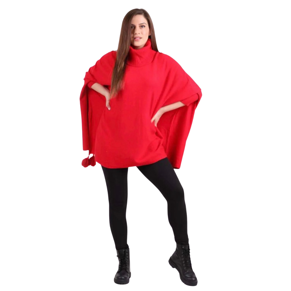 Red Oversized Cowl Neck Poncho Jumper with Tassels