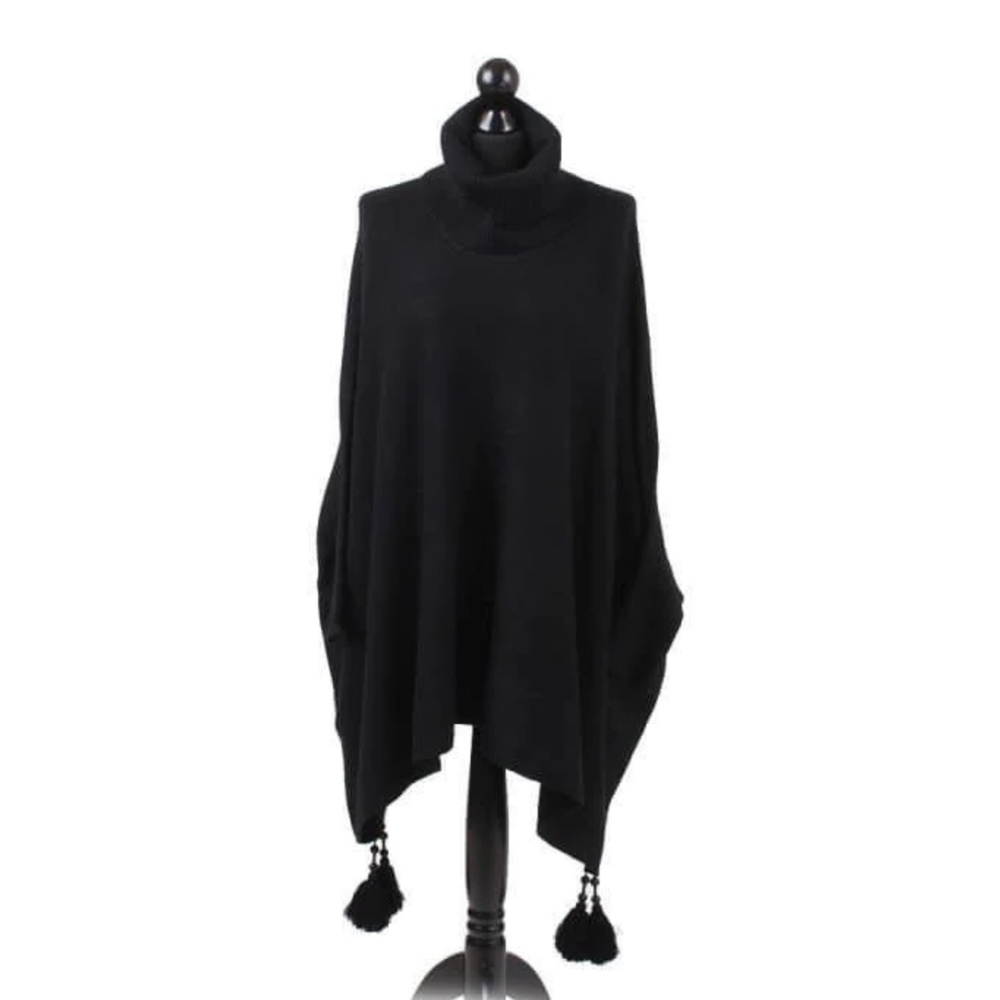 Black Oversized Cowl Neck Poncho Jumper with Tassels