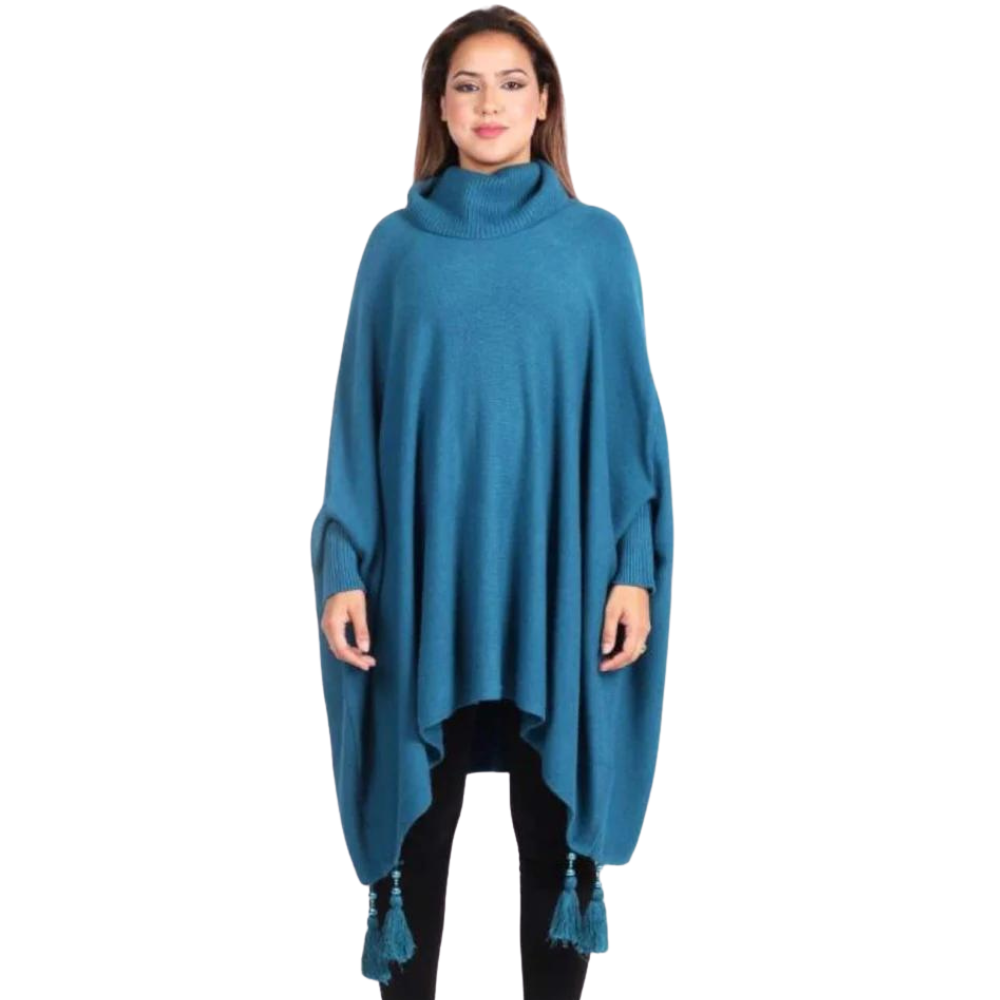 Teal Oversized Cowl Neck Poncho Jumper with Tassels