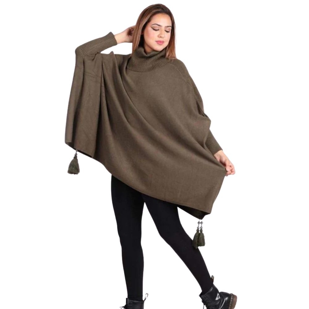 brown Oversized Cowl Neck Poncho Jumper with Tassels