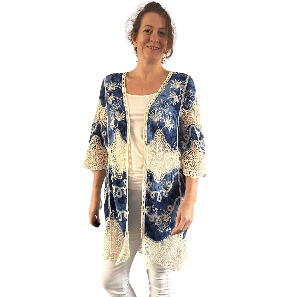 Blue with beige lace Open Front Kimono, Casual Cover Up Kimono For Spring & Summer,