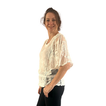 Load image into Gallery viewer, White lace Butterfly lace top with see through arms beautiful For Spring &amp; Summer.
