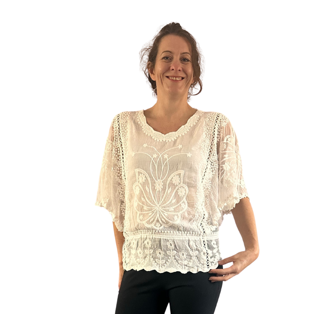 White lace Butterfly lace top with see through arms beautiful For Spring & Summer.